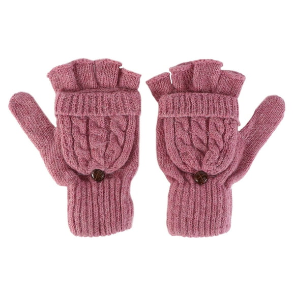 Women Winter Warm Wool Knitted Convertible Fingerless Gloves With Mitten Cover (Pink)