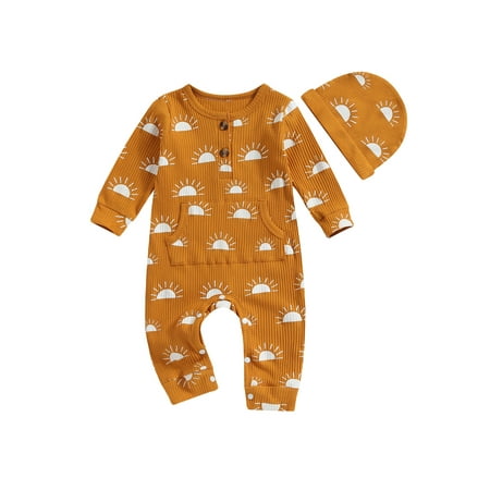 

Qtinghua Newborn Baby Girl Boy Jumpsuit Sun Print Button Round Neck Long Sleeve Front Pocket Romper+Hat Set Khaki 3-6 Months