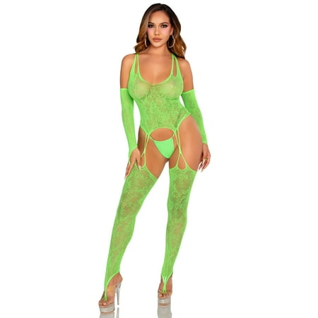 2 Pc Lace Halter Footless Cami Garter With Attached Toe Loop Stockings O/s - Neon Green