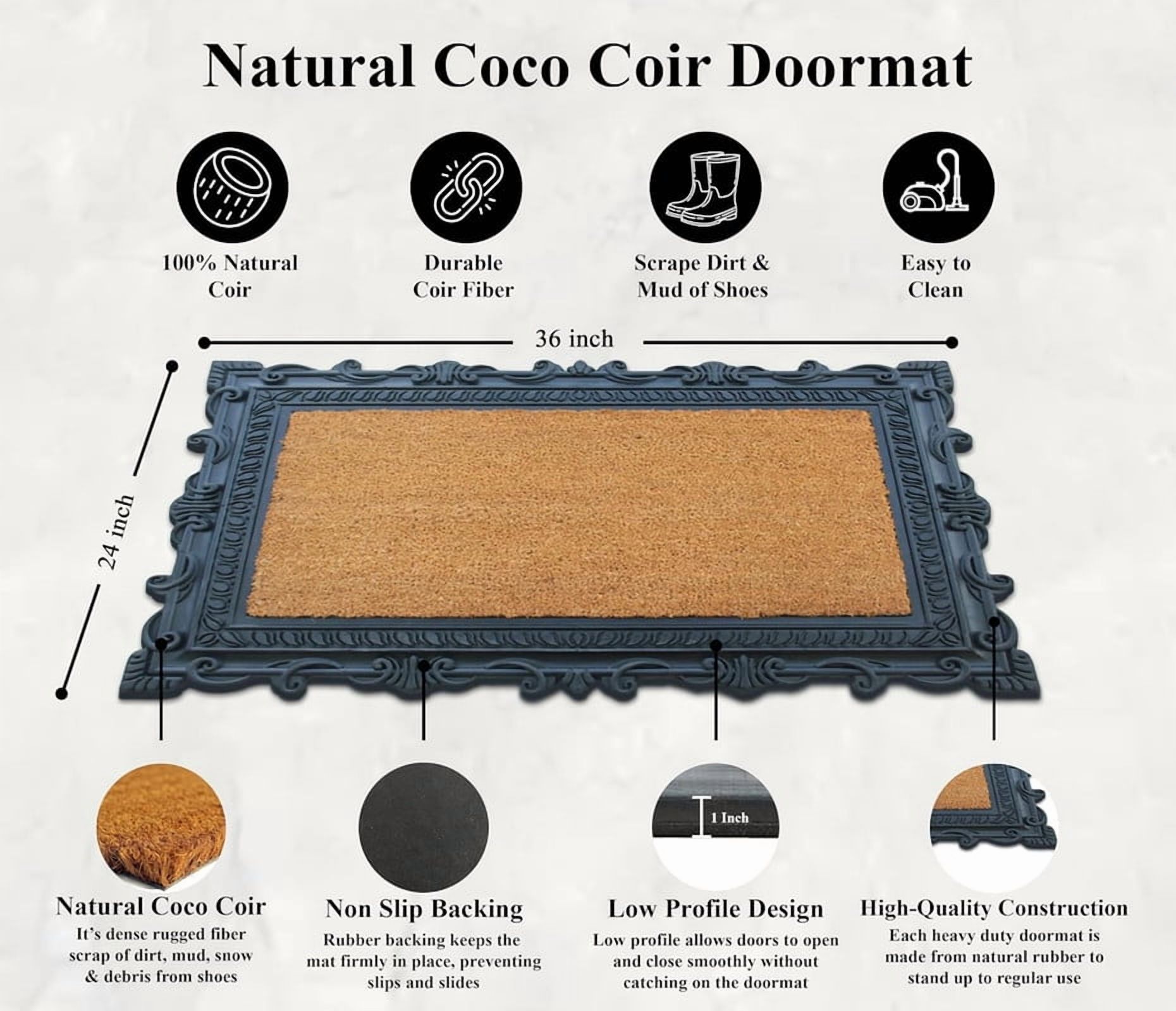 A1 Home Collections 36"×24" Natural Coir & Rubber Doormat - Decorative Welcome Design, Heavy Duty Coconut Fiber Entry Mat with Non-Slip Backing - Anti-Shed Treated, Low Profile Outdoor Front Door Mat