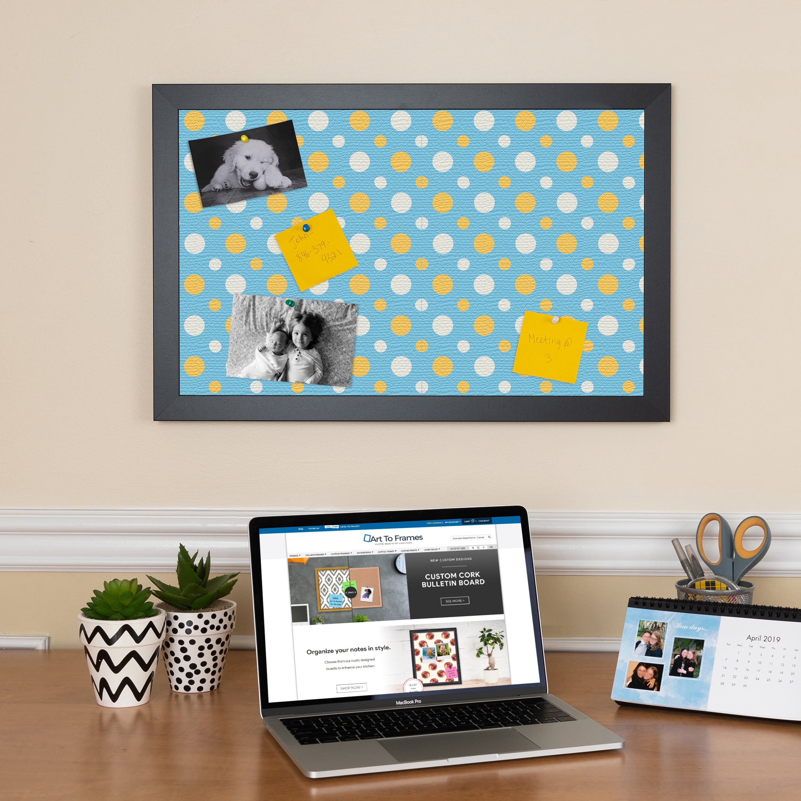 PinPix 24x16 Custom Cork Bulletin Board Blue - White Dots Poster Board Has a Fabric Style Canvas Finish, Framed in Blue - White Dots, by ArtToFrames (PinPix-345)
