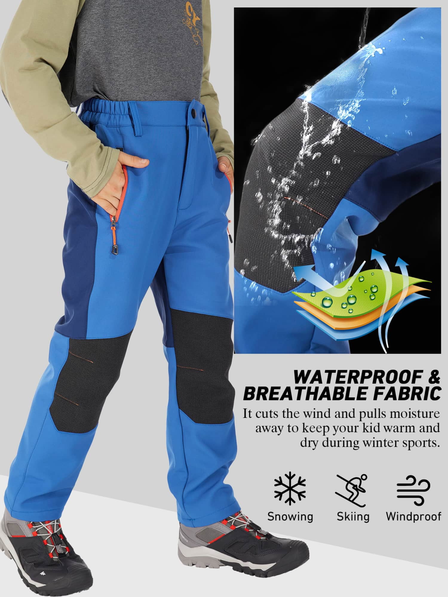 FEN AI Boy's Kids Youth Ski Snow Pants Windproof Waterproof Hiking Pant Expandable Waist Soft Shell Winter Warm Insulated Trousers Blue Size 8-9