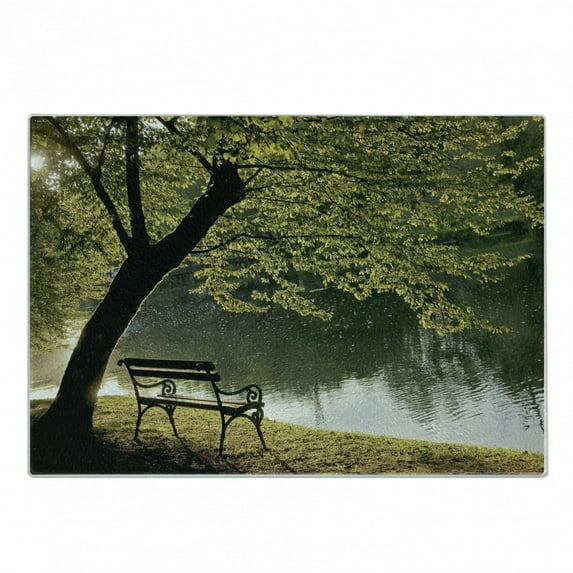Tree Cutting Board, Bench Under Timber Tree by Riverside Epic Countryside Rural Relaxing Resting Space Scenery, Decorative Tempered Glass Cutting and Serving Board, Small Size, Green, by Ambesonne