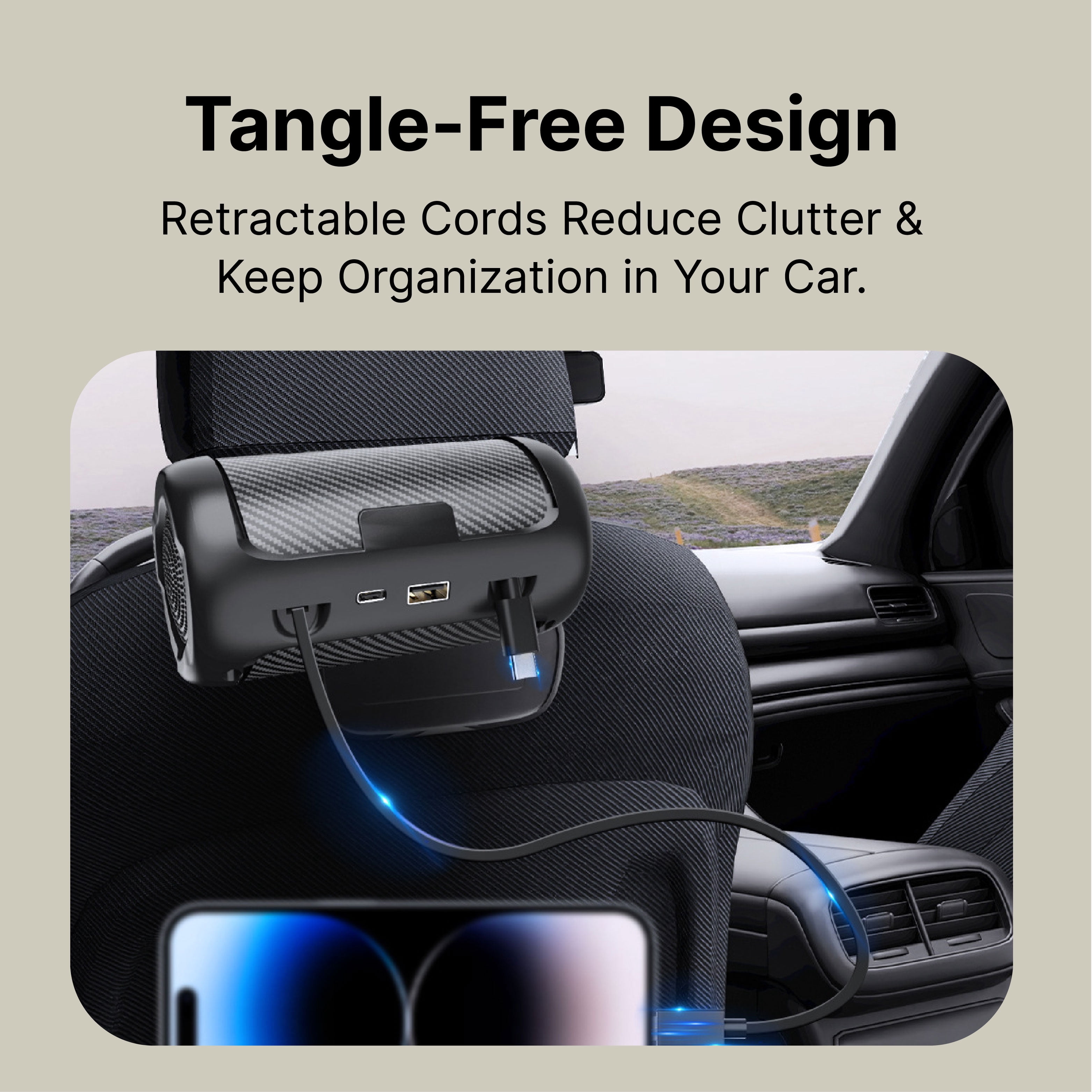 IJS Retractable Car Charger, Backseat 4 in1 Adapter | Fast Car Charger, 2×30W PD USB-C | Compatible with IPhone, Samsung, Pixel