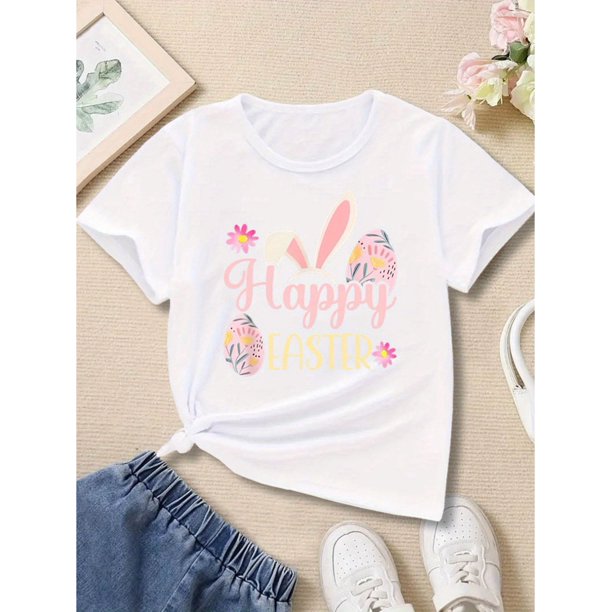 Happy Easter And Anime Bunny Ears And Eggs Graphic Print For Girls, Comfy And Fit T-shirt Top Pullover For Spring And Summer For Outdoor Activities