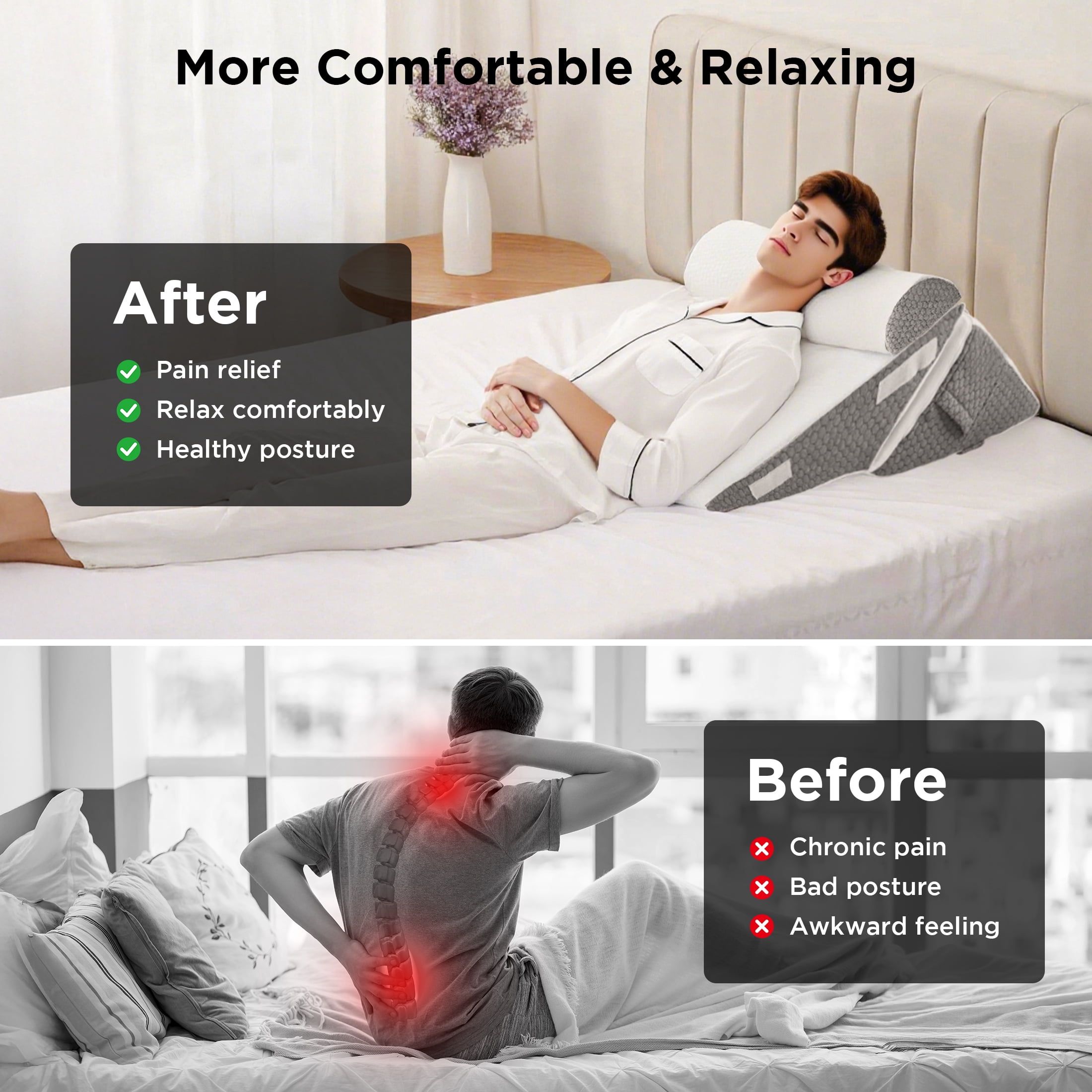 Grnoedn Wedge Pillow for Sleeping,Orthopedic Adjustable Memory Foam Bed Wedge Pillows Set for Acid Reflux,Leg Back Pain Relief & Reading Rest,Headboard with Neck Support & Gray Removable Pillowcase