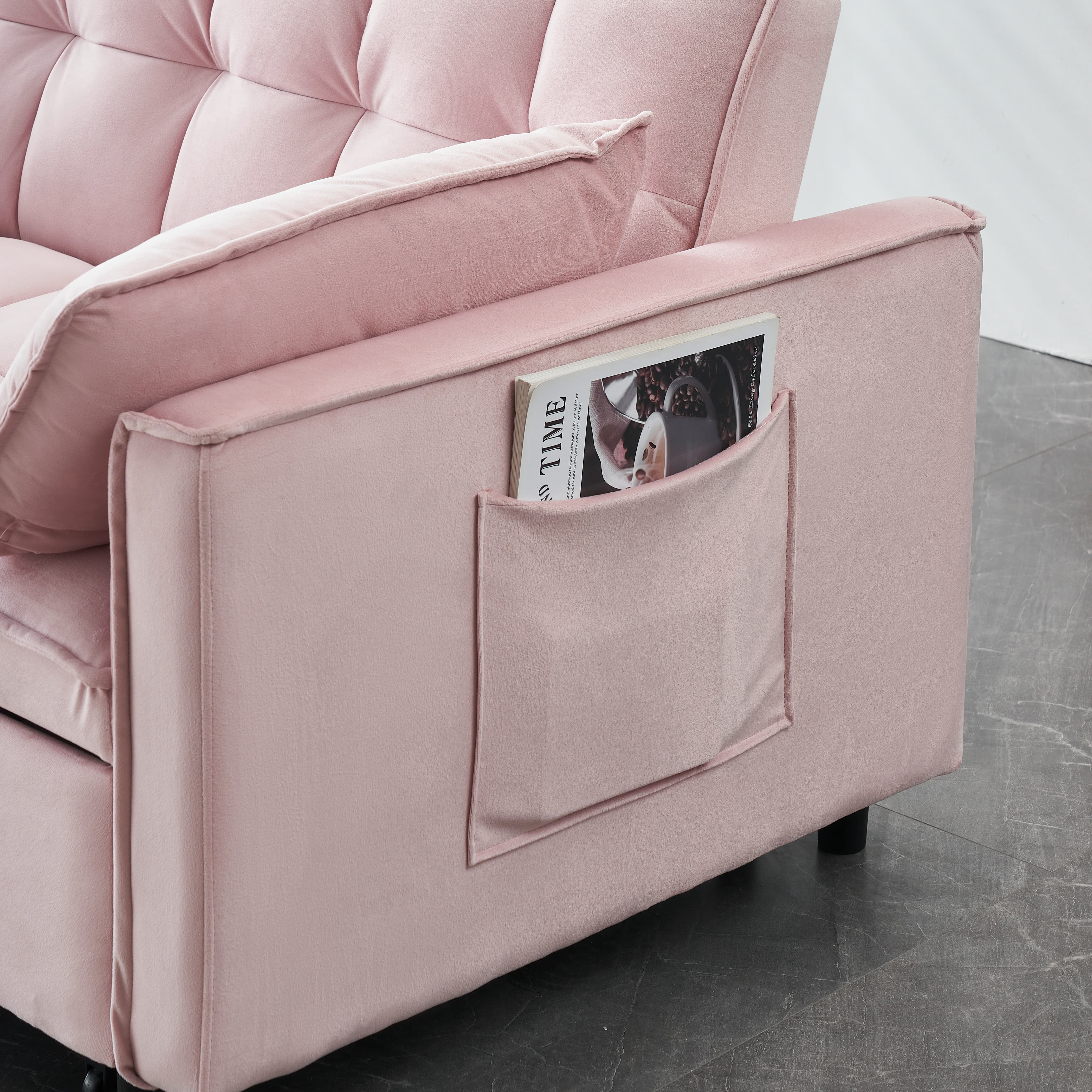 MAYEERTY 3 In 1 Convertible Sleep Sofa Bed, Pull Out Velvet Sleeper Sofa Small Loveseat, for Apartment, Living Room, Small Space, Pink