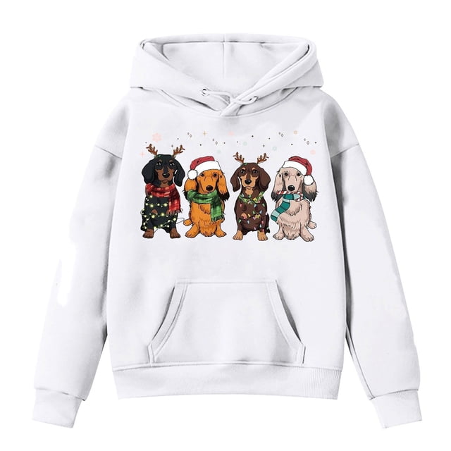 Sweat à Capuche de Noël pour Petites Filles, Imprimé Chien, Mode Décontractée, Col Rond, Manches Longues, Sweat à Capuche pour Garçons et Filles, Sweat à Capuche pour Adolescentes, Roses, Chandails en Molleton Juniors et Ho Blanc 4-5 Ans