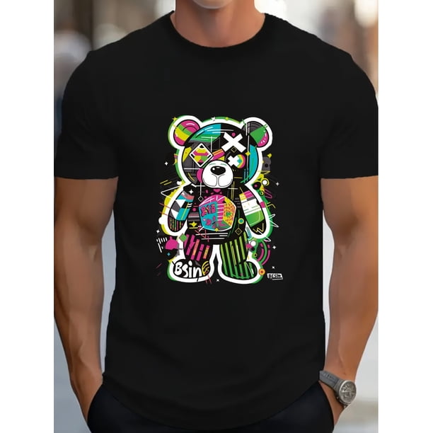 Estampado "GRAFFITI BEAR", camiseta gráfica para hombre, camisetas casuales y cómodas para el verano, ropa para hombre, camisetas informales