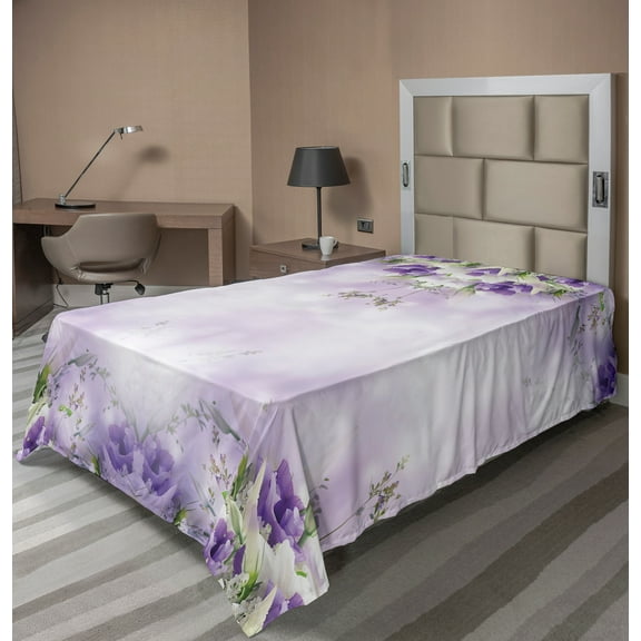 Ambesonne Floral Flat Sheet, Spring Flower Bloom, TwinXL Size, Lilac Purple Green