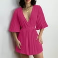thumbnail image 2 of Summer 2025 Women Dressy Casual Romper Shorts Flare Half Sleeve Deep V Neck Pleated Sexy Jumpsuits Short Onesies (XXXL, Hot Pink), 2 of 6