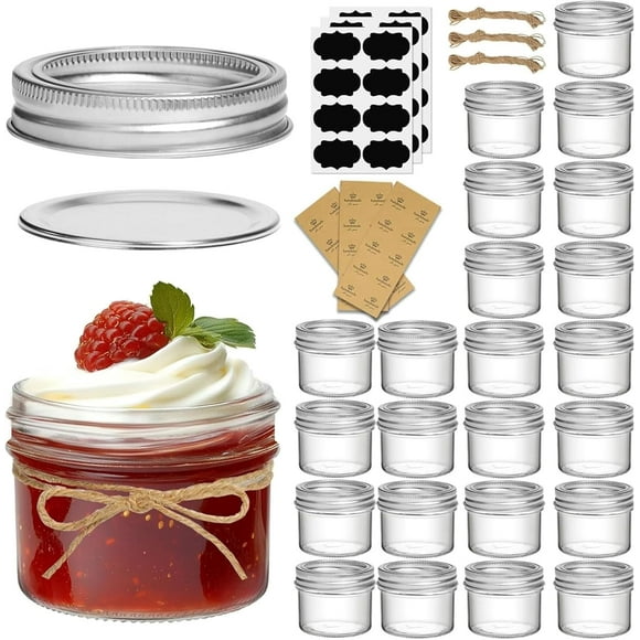 Small Regular Mouth Mason Jars Bulk 4oz 24PCS Mini Mason Containers, Small Canning Jars, 4 oz Glass Jar with Lids for Mustards, Dipping Sauces, Jelly, DIY Candle Decor, Wedding Shower Favors