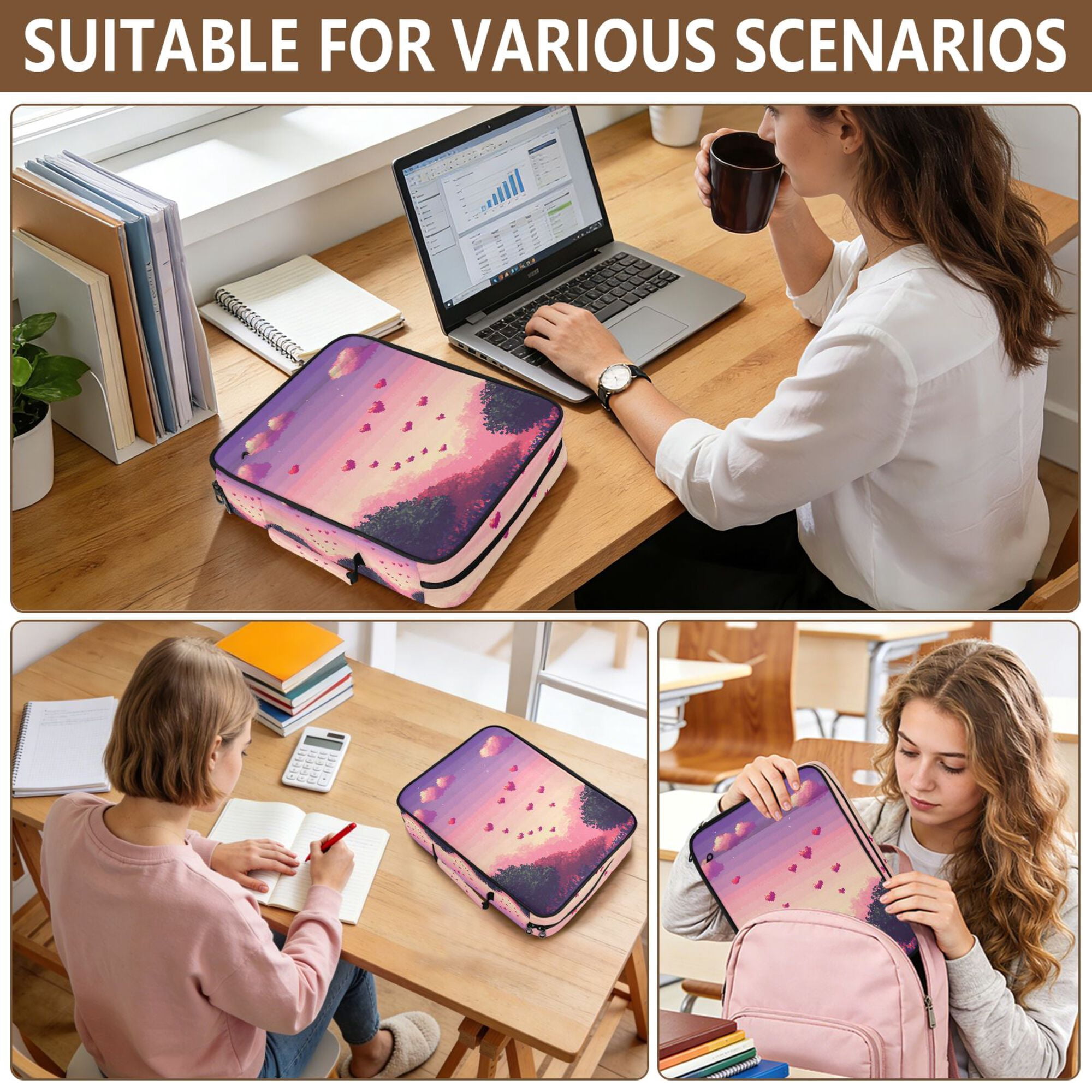 FORMRS Accordion File Folder A4 Size 7-Pocket Expanding Document Organizer Bag with 3 Ring Binder, Pixel Floating Hearts