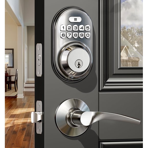 Veise Cerradura de puerta de entrada sin llave con 2 manijas de palanca - Cerrojo de teclado electrónico, cerradura automática, retroiluminación y diseño de fácil instalación, juegos de manijas de pue
