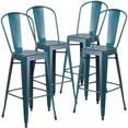 thumbnail image 1 of Commercial Grade 4 Pack 30" High Distressed Kelly Blue-Teal Metal Indoor-Outdoor Barstool with Back, 1 of 9