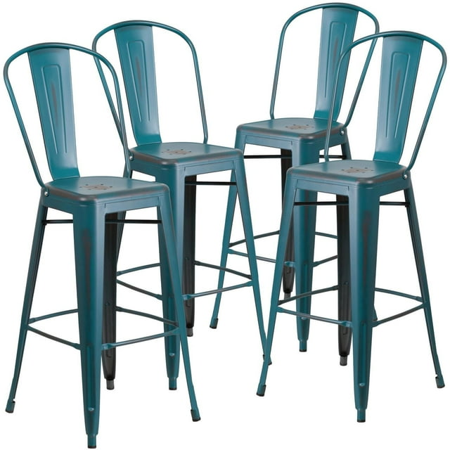 Commercial Grade 4 Pack 30" High Distressed Kelly Blue-Teal Metal Indoor-Outdoor Barstool with Back