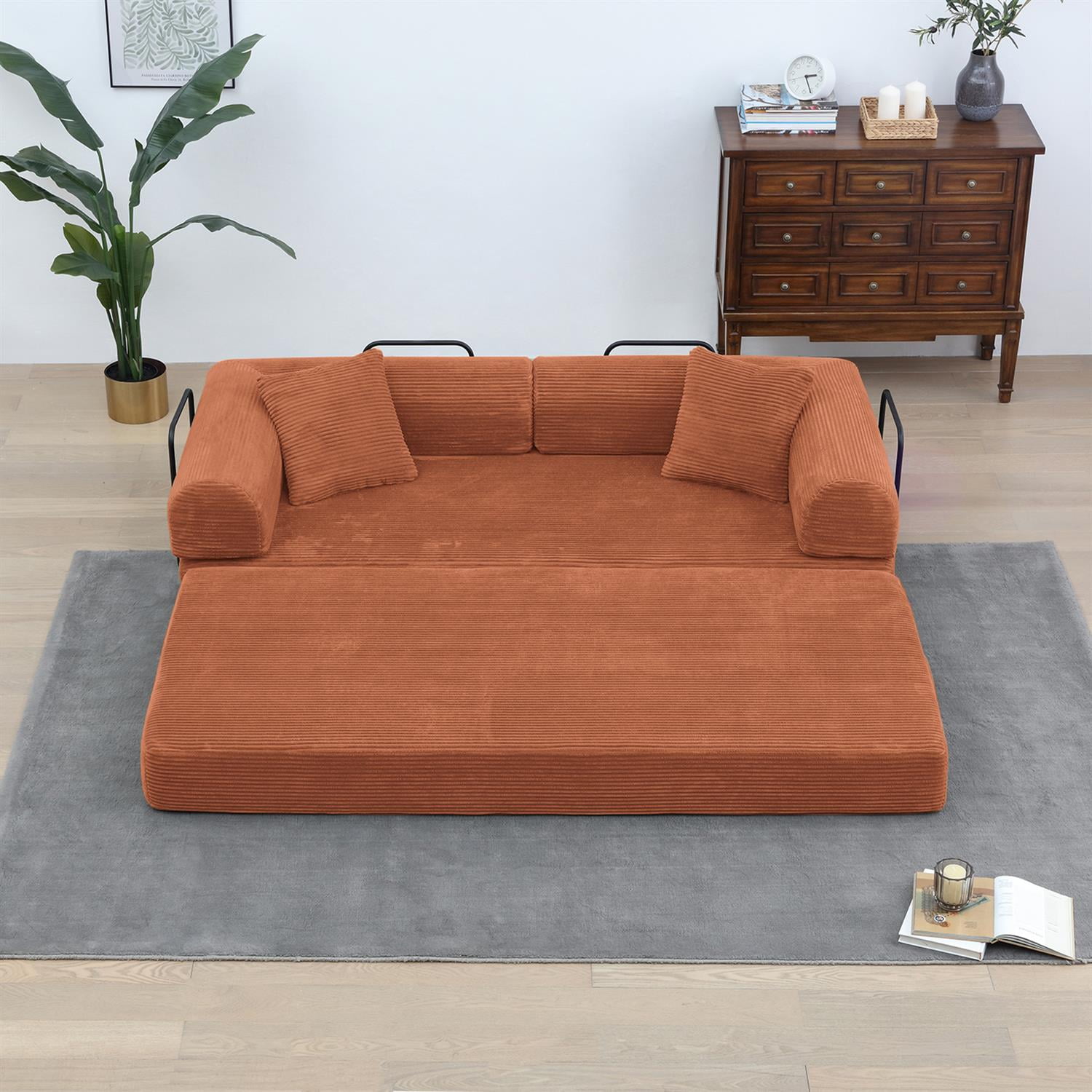 Demi Bonn 77" Convertible Sleeper Sofa Bed, Corduroy Foldable Mattress Couch with Cylindrical Pillow & Fixed Frame for Living Room, Bedroom, Orange