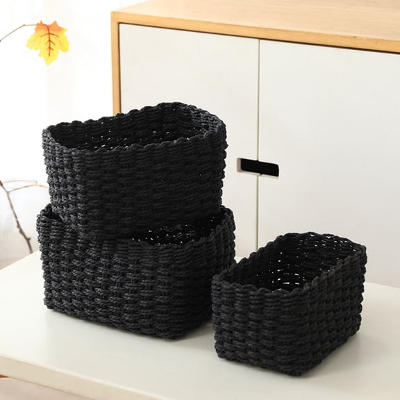 KojanyuBlack Woven Storage Baskets Set of 3 Stackable, Rectangular Organizer Bins for Bathroom Vanity Counter Decor