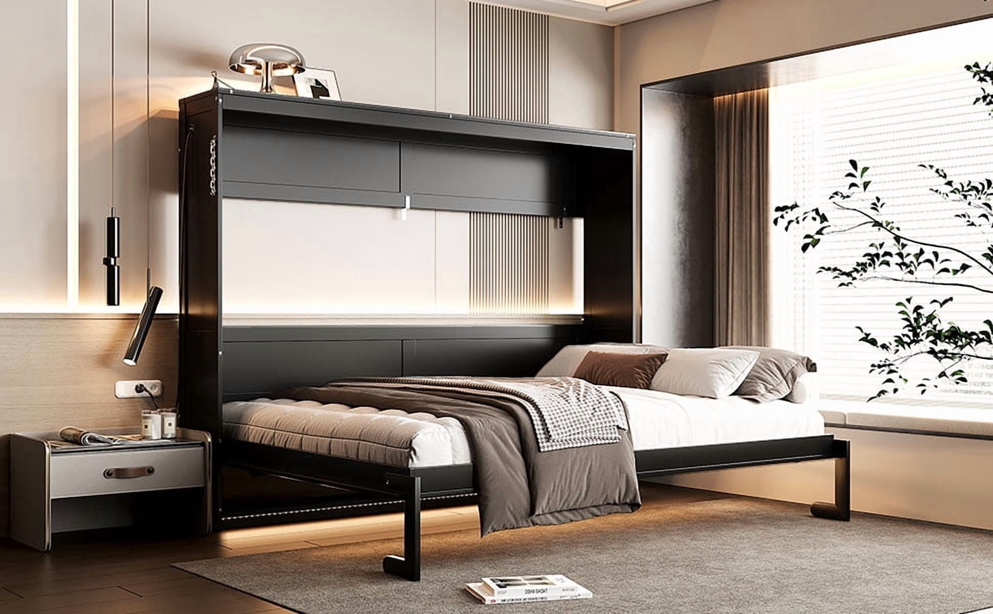 Mintazer Queen Size Murphy Bed with LED Lights & USB Port, Modern Folding Cabinets Bed with Gold Geometric Pattern for Home Office, Black