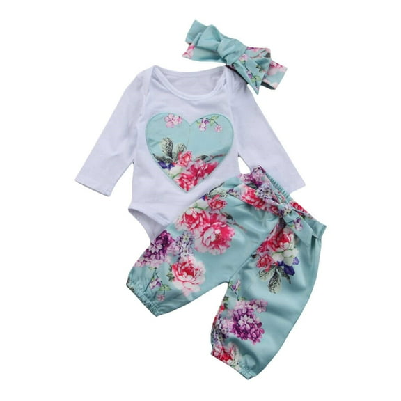 Otqutp Baby Cute Outfits Set Toddler Girl's Long Sleeve Flower Print Rompers Top Pant Set Includes Headband for 0 To 24 Months Winter Clothing Sets