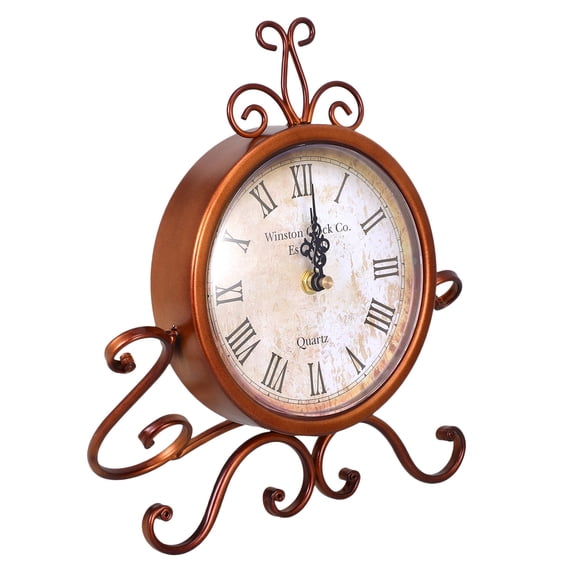 COSMOBETTY Antique European Retro Style Table Clock 1Set Brown Iron Craft for Home Decor 9.4*2.6*1.1in