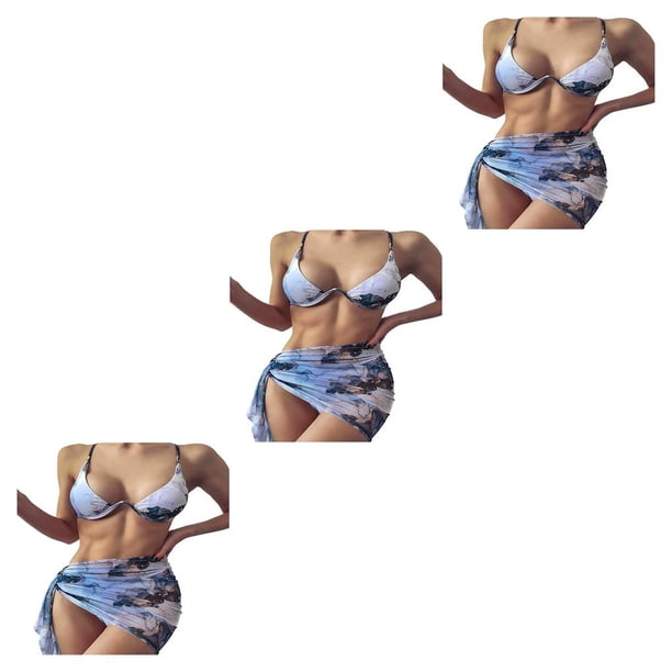 Naiovety Traje de baño de verano para mujer, traje de baño dividido de tres piezas con estampado teñido, traje de baño a la moda de viaje sin mangas, Azul S 3piezas Naiovety CBP221216