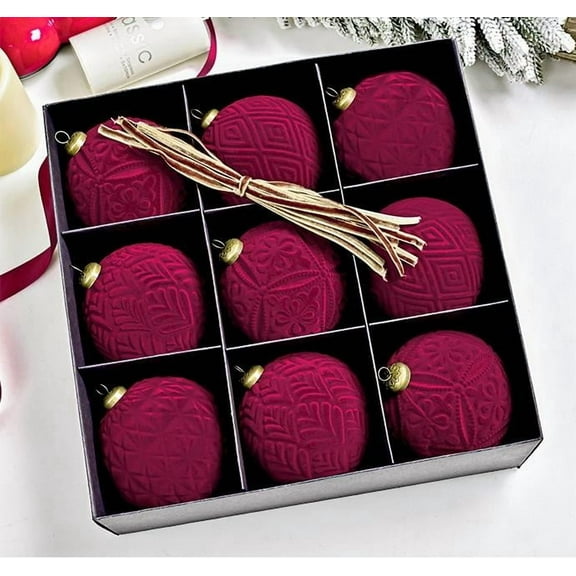 JVBTVB Flocked Velvet Christmas Ornaments 9PCS, 4 Inch Antique Style Tree Decorations with Hanging Ropes for Xmas Party Home Decor