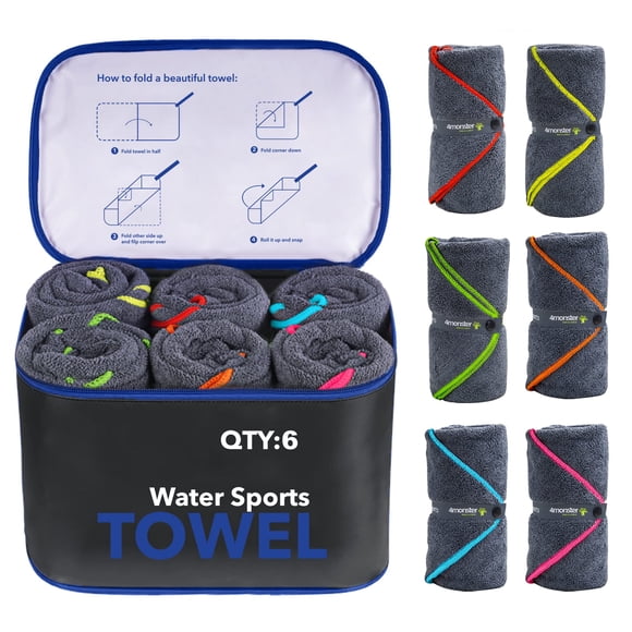 4Monster 6 Pack Microfiber Camping Towel Quick Dry,Super Absorbent Travel Towel Portable Microfiber Swim Towel with Waterproof Towel Bag, Lightweight Boat Towel for RV Sport Gym Beach Pool Family Trip