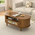 thumbnail image 6 of Fluted Oval Coffee Table for Living Room, Wood Round Coffee Table with Storage, Low Small Center Tables with Drawer, Sliding Door, Mid Century Modern, Boho, Rustic, Walnut, 6 of 8