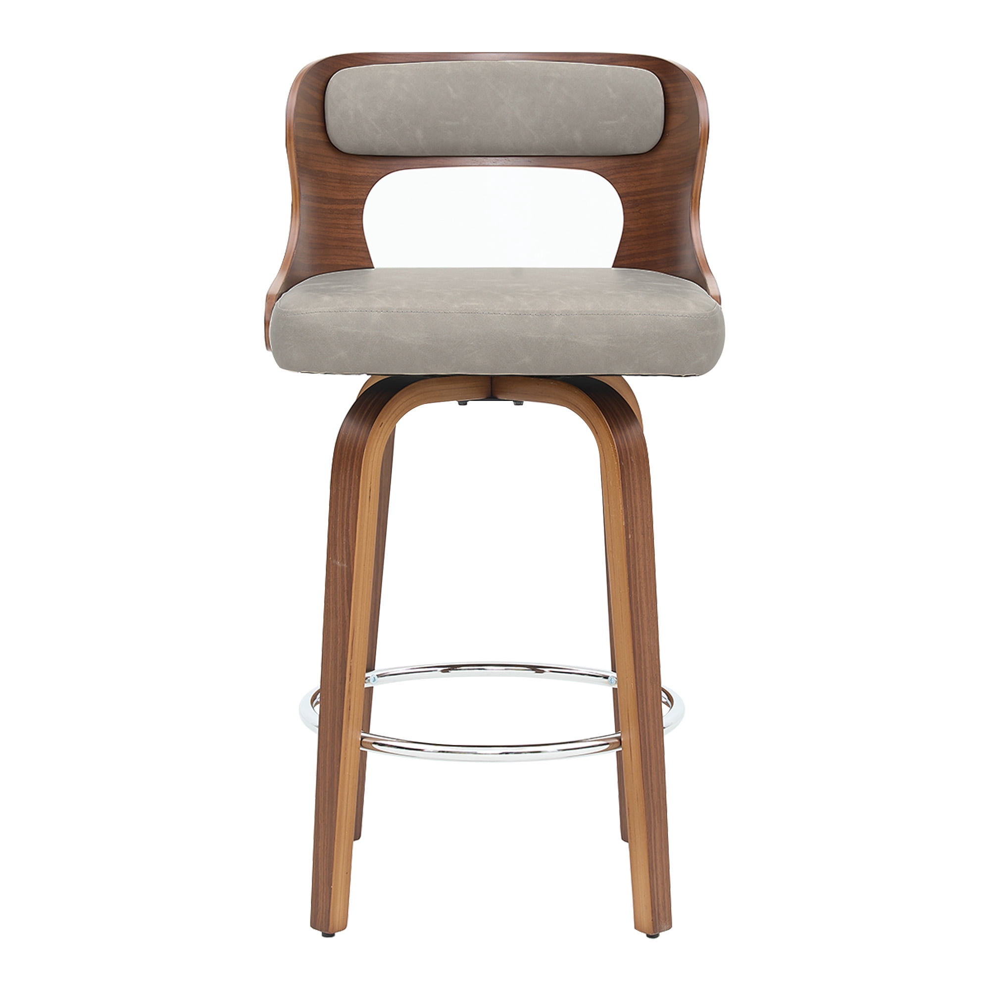 ClinQ 26 inch Swivel Bar Stool Set of 1, Counter Height Bar Chair with Walnut Legs and Silver Ring Footrest, Upholstered Faux Leather, Gray