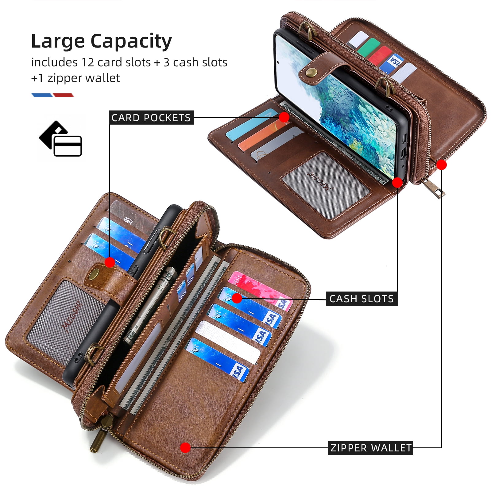 Galaxy S22 Wallet Case Premium Leather Flip Zipper Detachable Magnet Wallet Stand Card Holder Case with Crossbody Lanyard Strap Zipper Pocket Cover for Samsung Galaxy S22 6.1 inch 2022,Brown