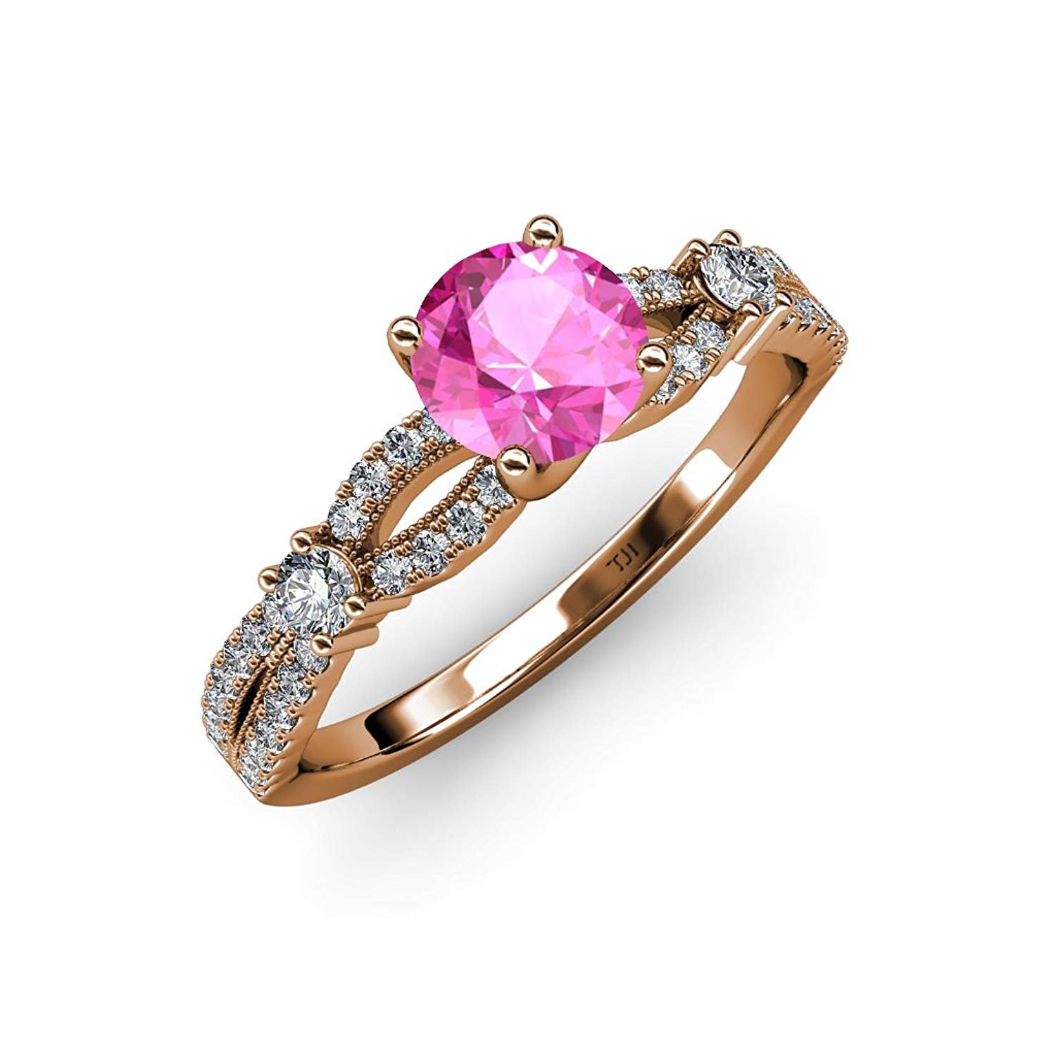 Pink Sapphire and Diamond Split Shank Engagement Ring 1.40 ct tw in 14K Rose Gold.size 6.5 by TriJewels