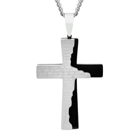 Men's Black and White Stainless Steel Tablet Prayer Cross Pendant with 24" Curb Chain - Mens Pendant