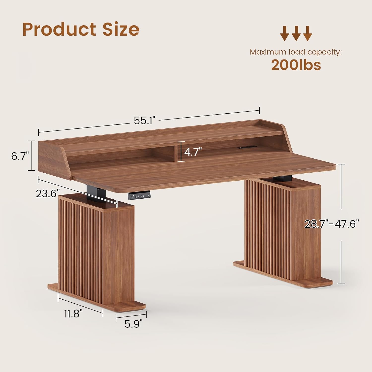 SEDETA Farmhouse Standing Desk with Storage, 55" Stand Up Home Office Desk with Power Outlets & LED Lights, Fluted Design Computer Desk, Height Adjustable Table with Monitor Stand, Brown