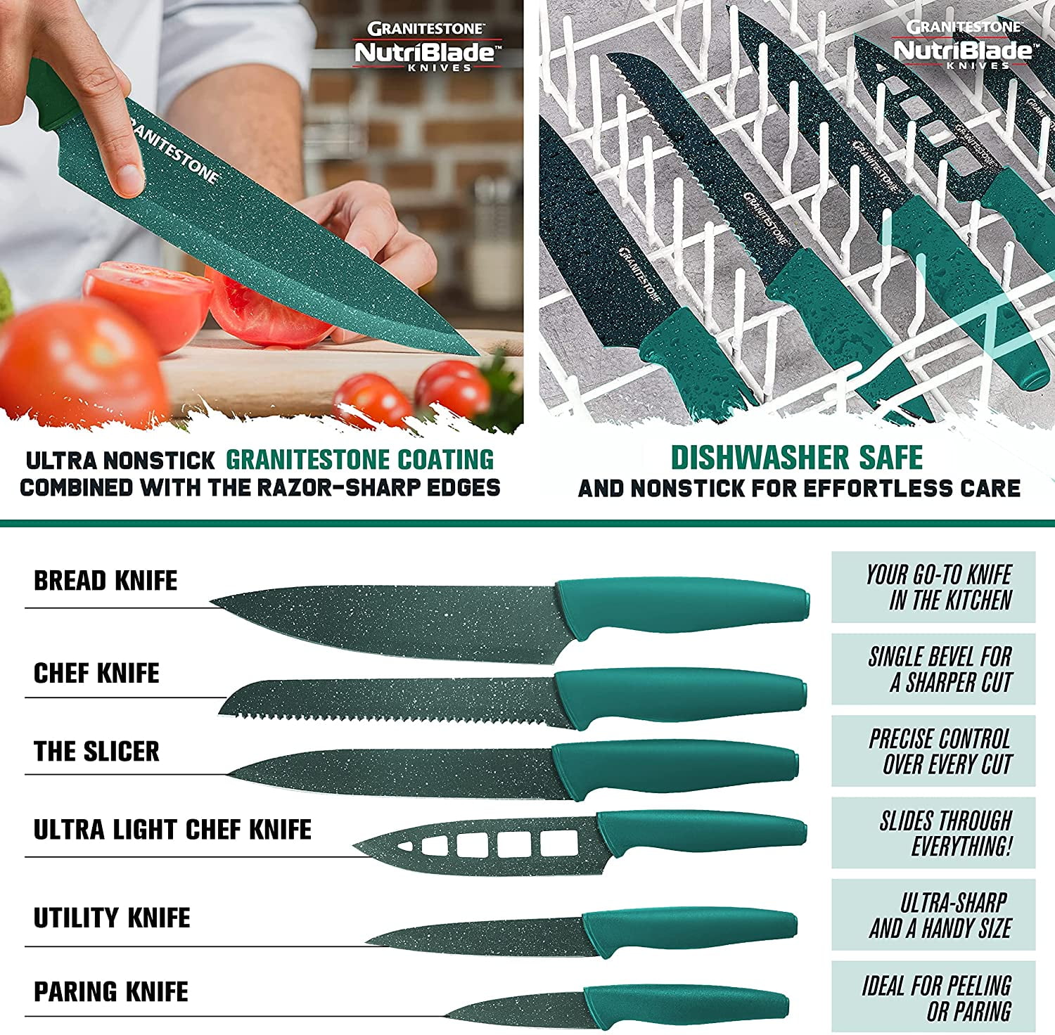 Granitestone Diamond Nonstick Pots and Pans 17 Piece Kitchen Cookware Set Knife Set Cooking Cutlery Knives Sauce Pan Green