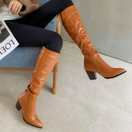 

Winter Boots for Women- Autumn and Winter Warm Boots Pointed Toe Thick High Heels and Knee-high High-top Boots Brown 38