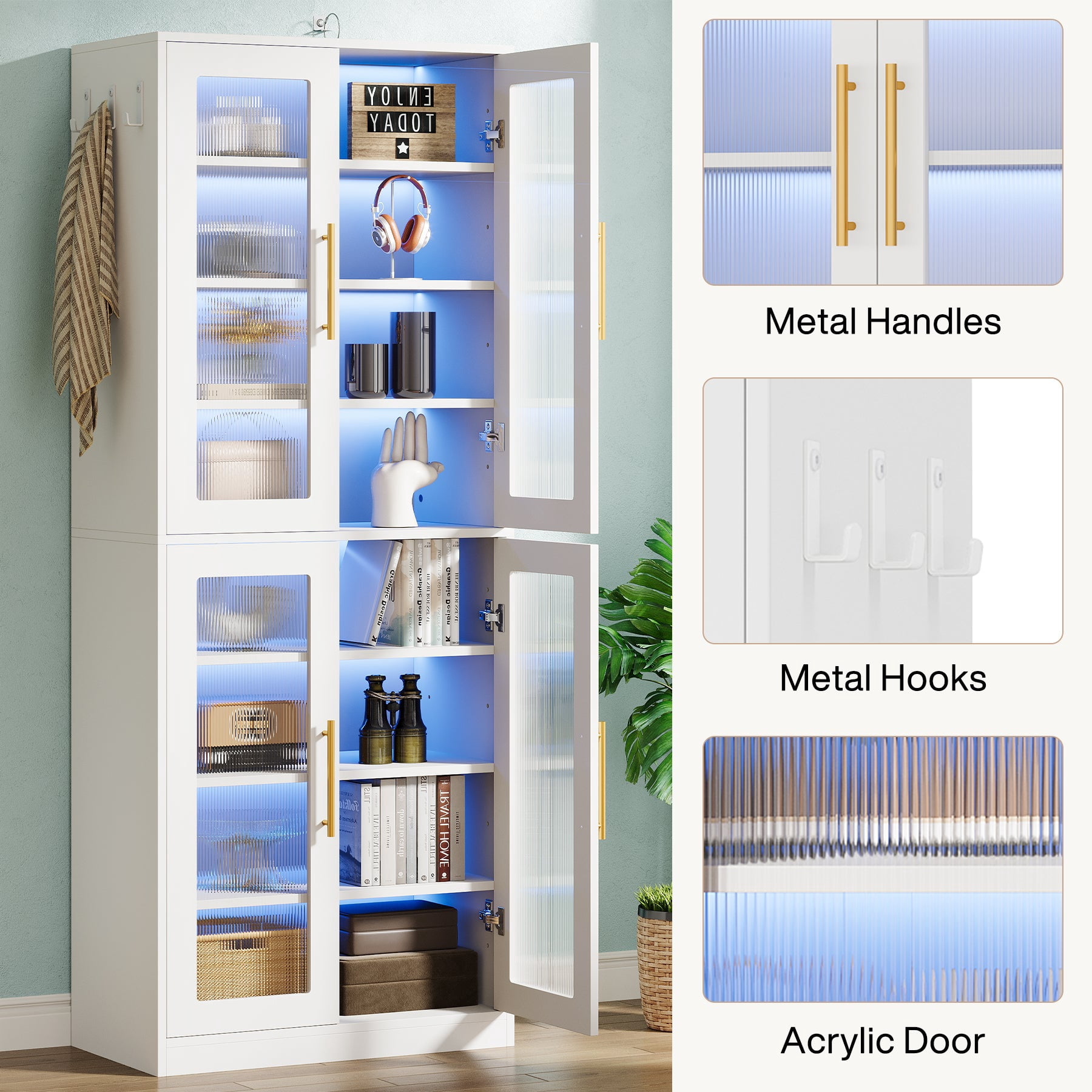 Fnova 66.93" Bookcase with Doors, 8 Tier Storage Cabinet with LED Lights for Living Room, Bedroom, Study, White