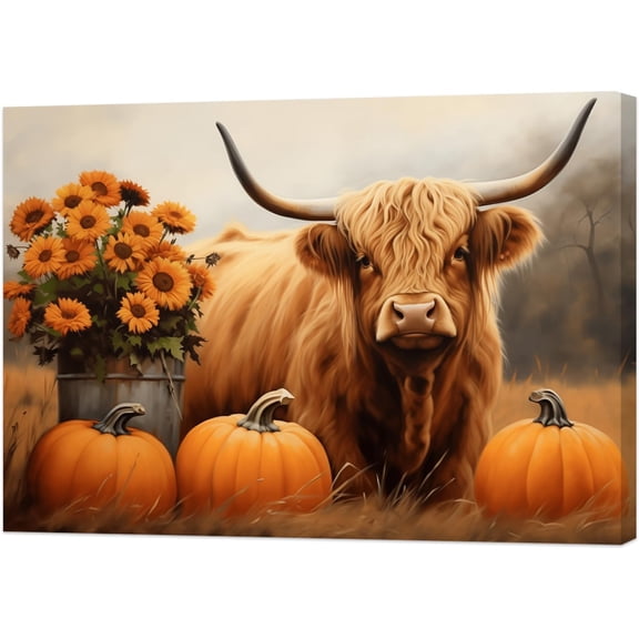 CCWACPP Highland Cow Wall Art Cattle Painting with Sunflower Pumpkin Pictures Farm Animal Canvas Prints Fall Farmhouse Decor for Home Kitchen Framed (12.00" x 18.00")
