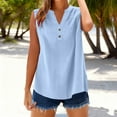 thumbnail image 2 of Linen Tops for Women V Neck Sleeveless Tank Top Solid Color Button Up Shirts Curved Hem Blouses Loose Fit Summer T Shirts, 2 of 7