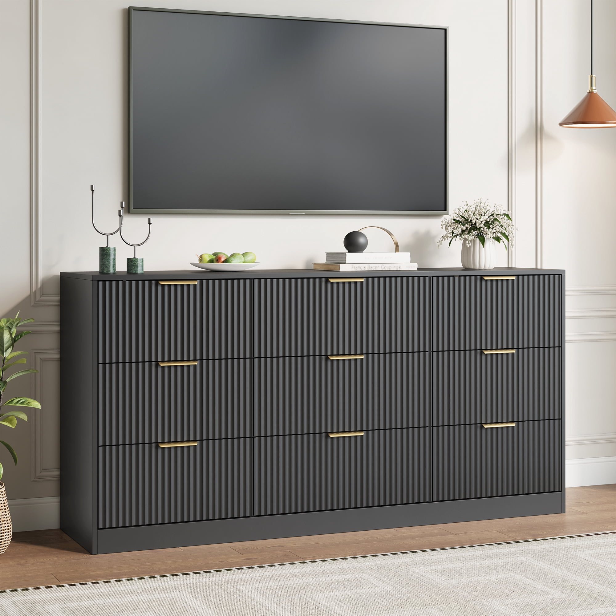 YouTrend Black 9 Drawer Dresser for Bedroom,Modern Adult Fluted Wood Chest of Drawer with Golden Embedded Handles for Living Room,Hallway