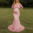 thumbnail image 2 of Gyujnb Off Shoulder Ruffle Flutter Sleeve Lace Maternity Gown Thin Spaghetti Strap Liner Fitted Long Train Formal Dress Elegant Outfit for Maternity Photoshoot Postpartum Party Wear,M, 2 of 7