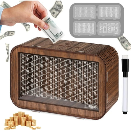 2026 Newyear Gift 4-in-1 Piggy Bank for Adults Kids - Fully Assembled Wooden Money Saving Challenge Box(1000/3000/5000/10000) - Money Bank with Counter Dry Erase Pen - Kakeibo Money Box for Cash Coin