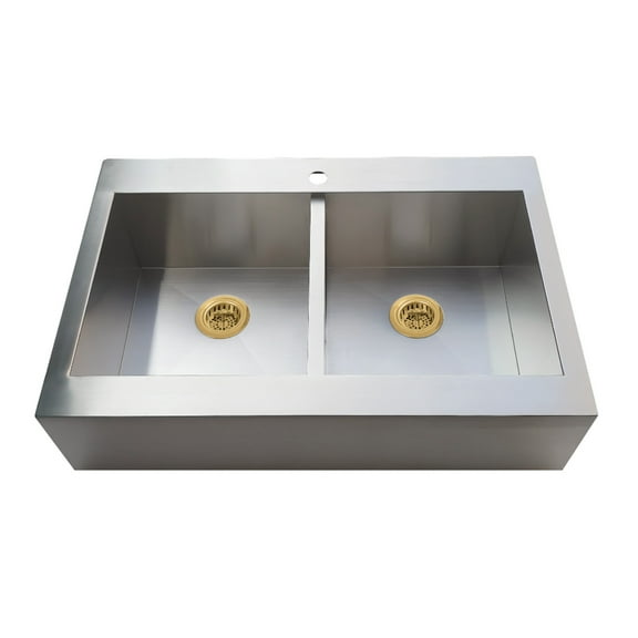 Kingston Brass Edinburg KGKTDF3324917 33" Stainless Steel Double Bowl Drop-In Kitchen Sink with 1-Hole Drain and Strainer, Stainless Steel/Brushed Brass