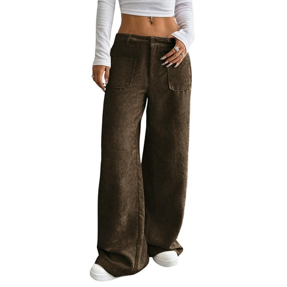 Women Solid Corduroy Wide Leg Pants Button Front Zipper Straight Pants with Pockets Coffee Color S