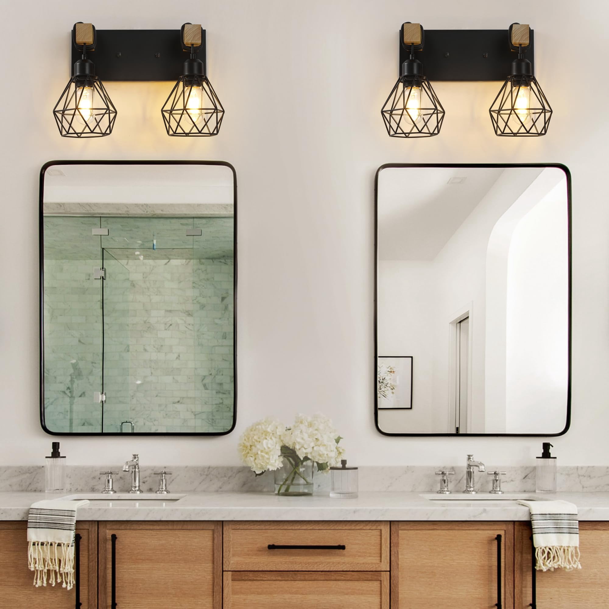 2-Light Black Vanity Light Wood Fixture Rustic Wall Lighting for Bathroom Bedroom Hallway