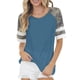 thumbnail image 3 of Top de mujer con cuello redondo, camiseta con bloques de color de camuflaje, túnica informal, cuello redondo, blusa de algodón de manga corta a rayas, Top azul XXL, 3 of 5