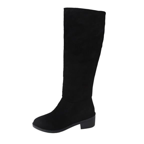 QQAMB Knee High Boots for Women Flat Rounded Toe Stretchy Boots Side Zipper Dress Tall Boot
