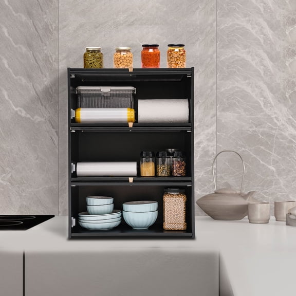 ToppiJoy 3-Tier Kitchen Storage Cabinet, Countertop Pantry Sideboard with Clear Flip-Up Door for Bowl Cup Bottles Seasoning Black