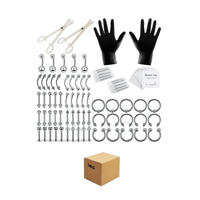 85 pzs Kit De Piercings De Acero Inoxidable Anillos Ombligo Lab.G Plateado