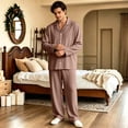 thumbnail image 6 of Matching Pjs for Couples Long Sleeve His and Hers Pajamas Sets Sleepwear Solid Button Down Warm 2 Piece Set Loungewear Light Brown S, 6 of 7